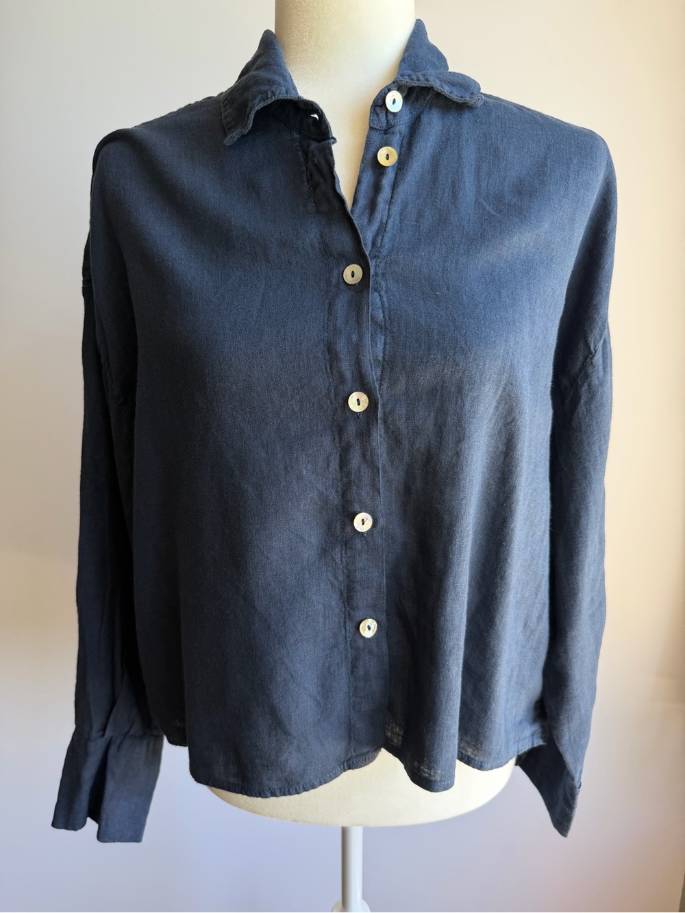Mersea Linen Viscose Hermosa Boxy Button Down Crop Long Sleeve Navy S/M